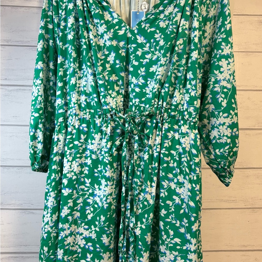 Draper James Green and White Floral Tie-Waist Dress